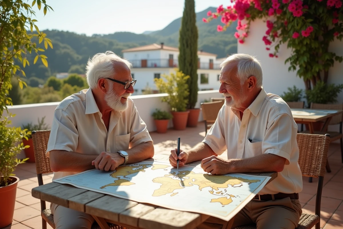 Couple de retraités expatriés examinant des documents et une carte du monde sur une terrasse méditerranéenne ensoleillée
