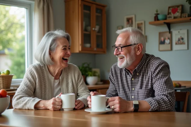 Retraites souriants partageant un café à la maison