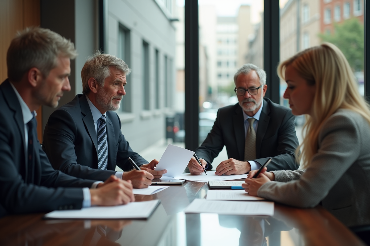 Homme et femme en réunion avec un notaire autour de documents