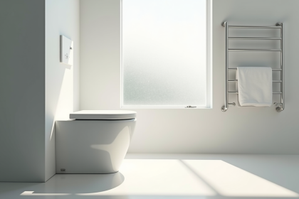 Salle de bain moderne lumineuse avec toilette blanche et rehausseur