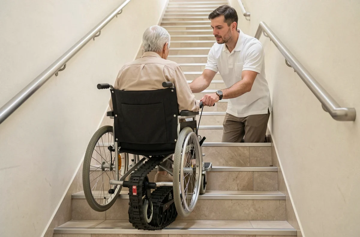 Chenillette motorisée Scalamobil S35 Alber fixée sur un fauteuil roulant montant un escalier intérieur avec l'aide d'un accompagnant