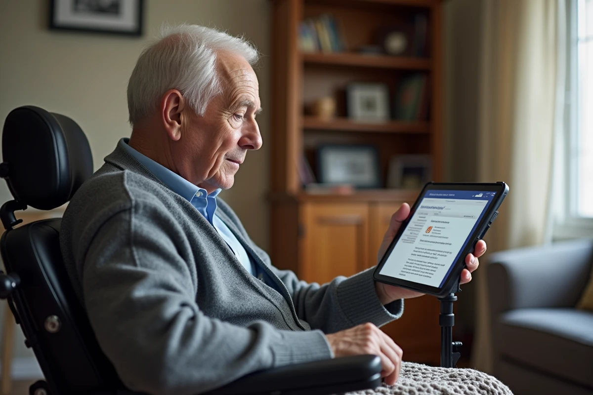 Un homme âgé en fauteuil roulant consulte les informations sur les aides APA et le classement GIR sur une tablette numérique