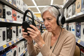 Une femme senior examine un casque TV sans fil dans un magasin d'électronique, cherchant le bon modèle pour malentendants
