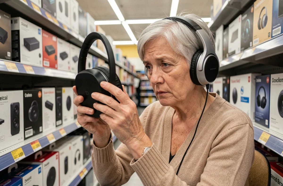 Une femme senior examine un casque TV sans fil dans un magasin d'électronique, cherchant le bon modèle pour malentendants