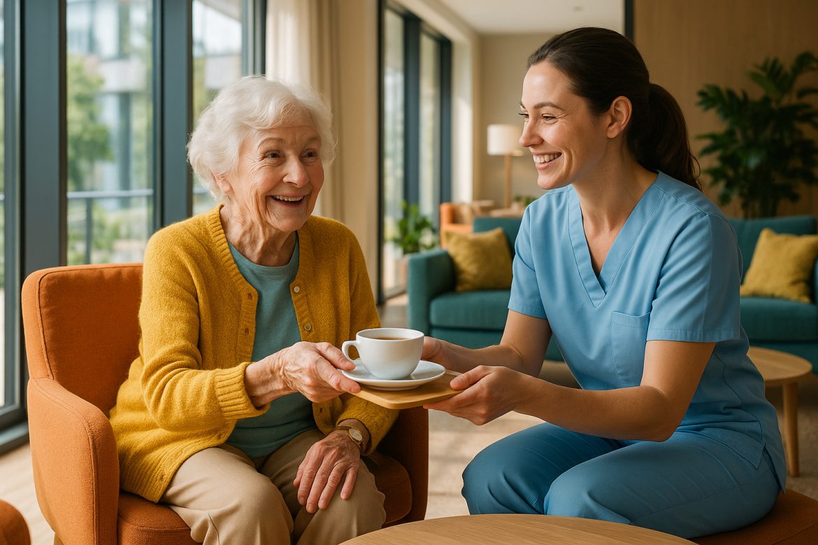 Femme senior souriante dans un salon moderne de résidence