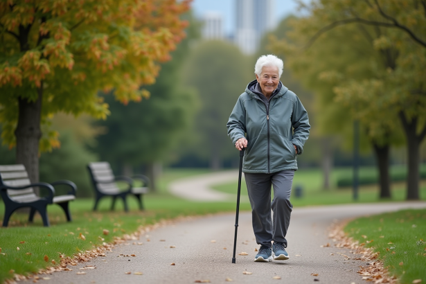 Femme senior active marche avec une canne dans un parc urbain