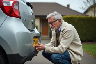 Senior homme âgé collant le macaron S obligatoire sur le pare-chocs arrière de sa voiture dans une allée résidentielle