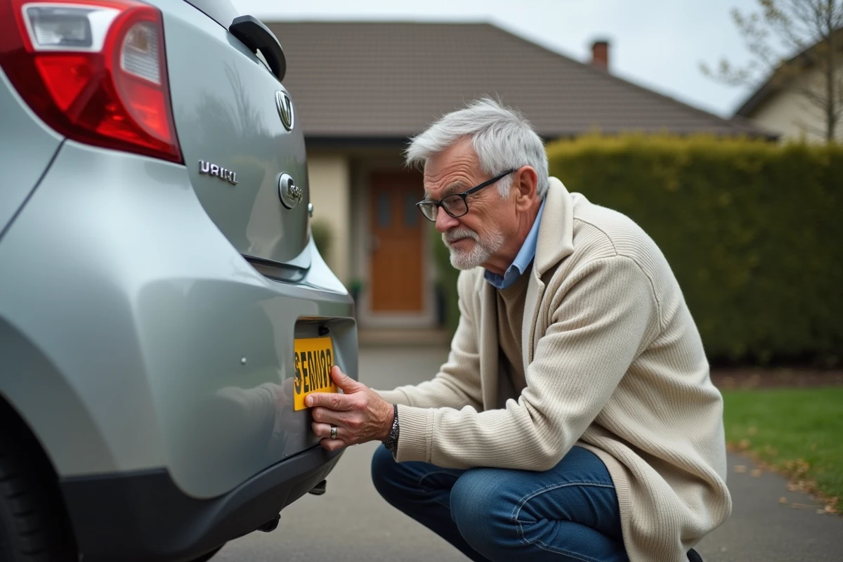 Senior homme âgé collant le macaron S obligatoire sur le pare-chocs arrière de sa voiture dans une allée résidentielle