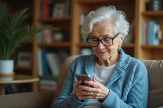 Femme âgée utilisant un téléphone mobile simple avec de grands boutons dans son salon