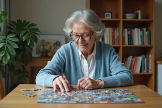 Seniore concentrée jouant à un puzzle dans un salon chaleureux
