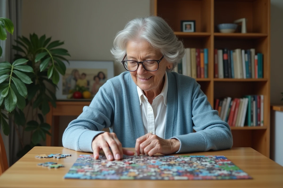 Seniore concentrée jouant à un puzzle dans un salon chaleureux