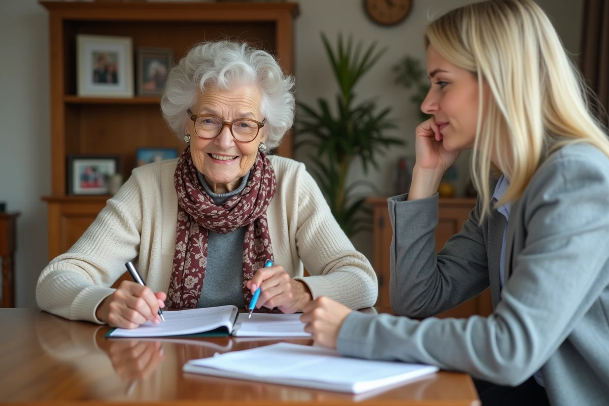 Seniorelle souriante avec une femme jeune à la maison