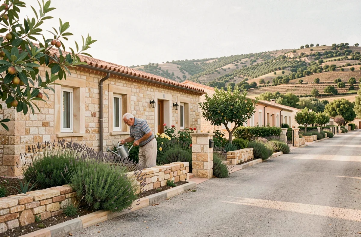 Un résident senior arrosant son jardin privatif devant son bungalow provençal dans le village résidentiel des Senioriales du Paradou