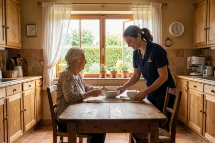 Une aide à domicile professionnelle assiste une femme âgée dans une maison vendéenne traditionnelle, illustrant les services d'aide à domicile en Vendée