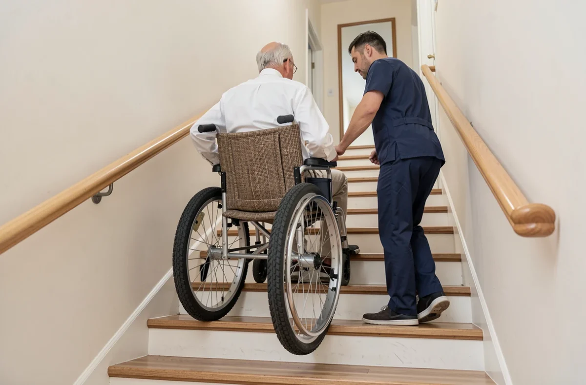 Monte-escalier mobile à roues Sherpa N-902 transportant un homme âgé en fauteuil le long d'un escalier droit résidentiel