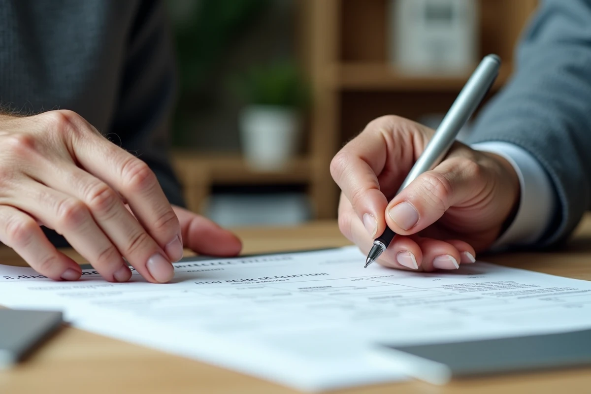Gros plan sur des mains de personne âgée signant le certificat de cession d'un véhicule sur un bureau