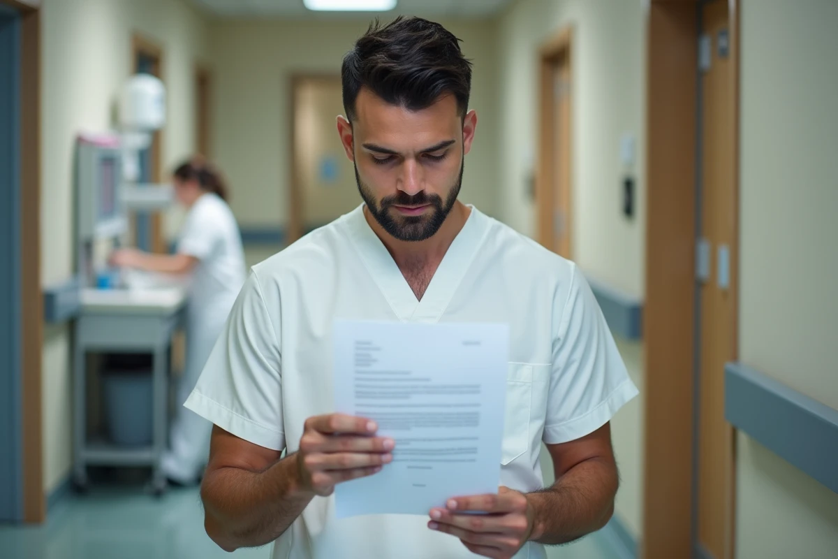 Soignant masculin relisant une lettre de motivation dans le couloir d'un EHPAD, symbolisant la démarche professionnelle dans le secteur médico-social
