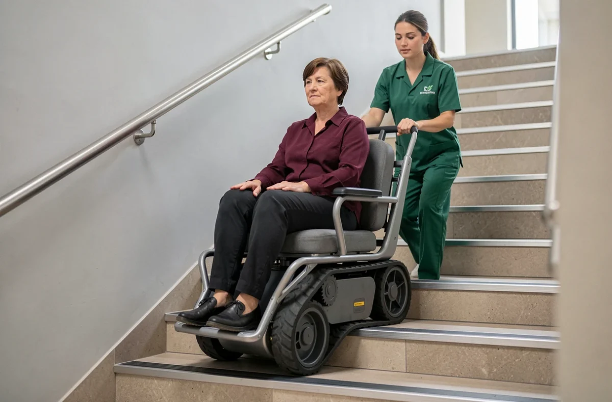 Chenillette T09 Roby avec assise intégrée permettant à une femme de monter un escalier sans fauteuil roulant assistée d'une aidante