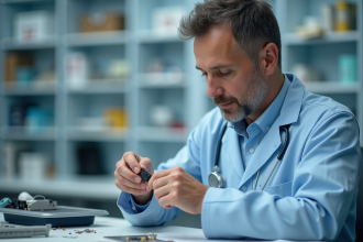 Technicien en blouse bleue assemble un appareil auditif précis