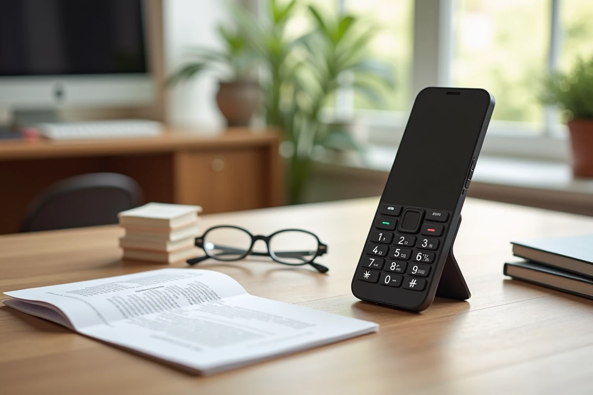 Téléphone mobile simple avec grands boutons posé sur une table à côté de lunettes de lecture et d'un guide d'utilisation
