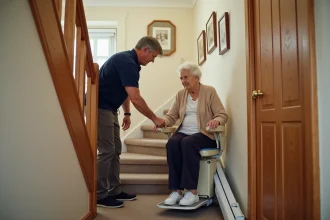 Femme âgée testant un monte escalier mobile sur un escalier intérieur en bois avec l'aide d'un technicien
