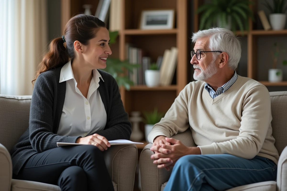 Travailleur social parlant avec un senior dans un salon