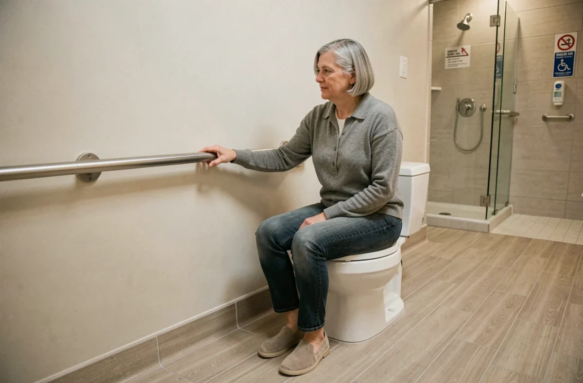Femme en situation de handicap utilisant une barre d'appui WC à hauteur PMR dans une salle de bain accessible