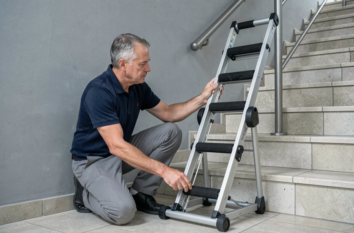 Homme inspectant les patins antidérapants d'un monte escaliers portable au bas d'un escalier en carrelage, vérifiant les erreurs d'installation courantes