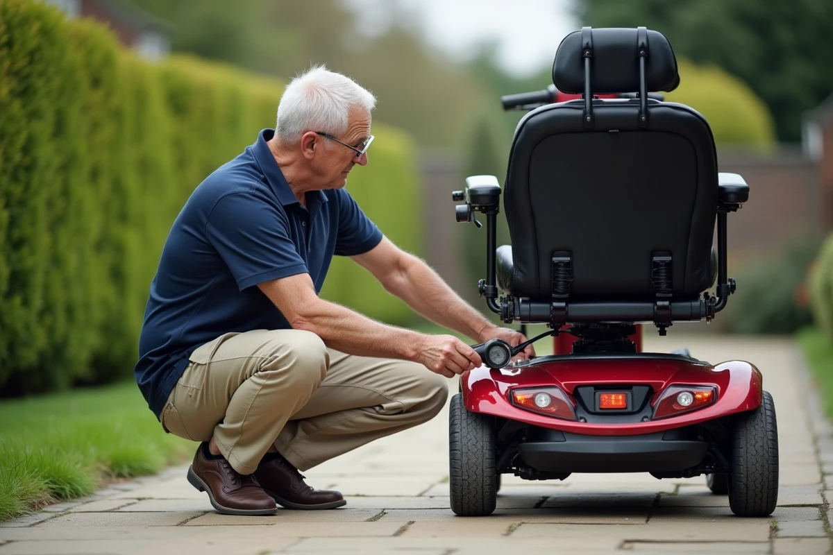 Homme senior vérifiant les pneus de son scooter électrique PMR dans un jardin