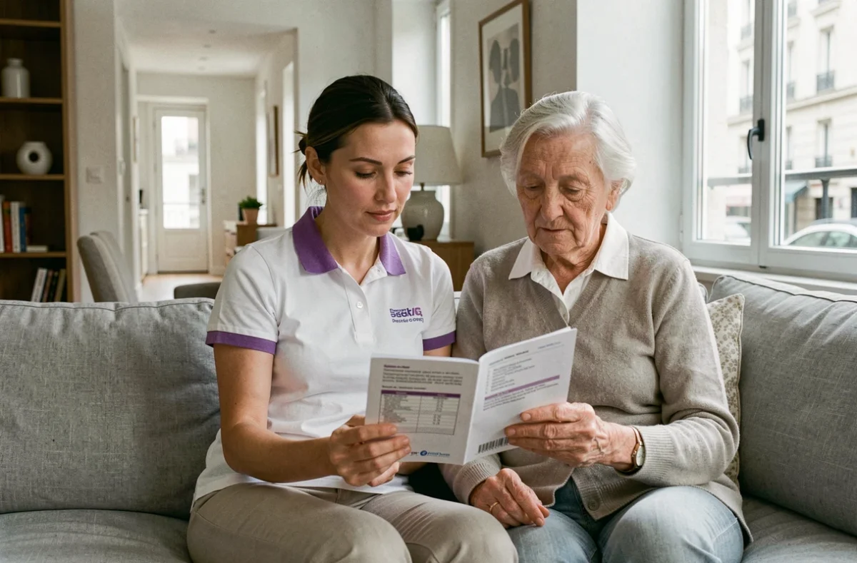 Une auxiliaire de vie Vitalliance Aisne consulte un planning de soins avec une dame âgée dans un appartement moderne