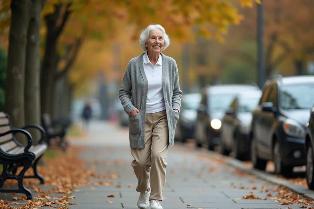 Femme âgée de 70 ans marchant sur un trottoir urbain, illustrant la vitesse de marche selon l'âge